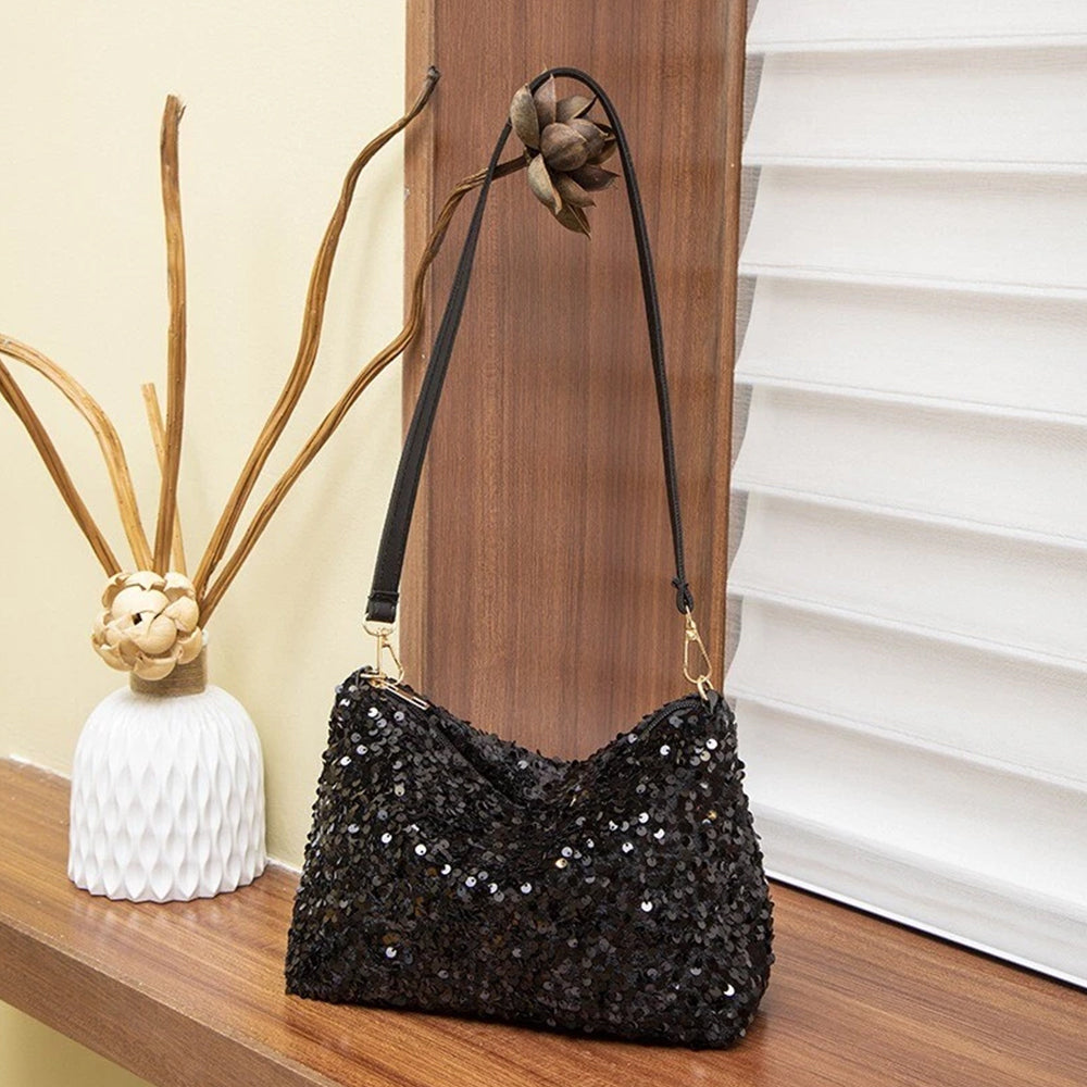 Women's Sequin Evening Bag - Sparkly Silver & Black Shoulder Bag Clutch Purse for Parties