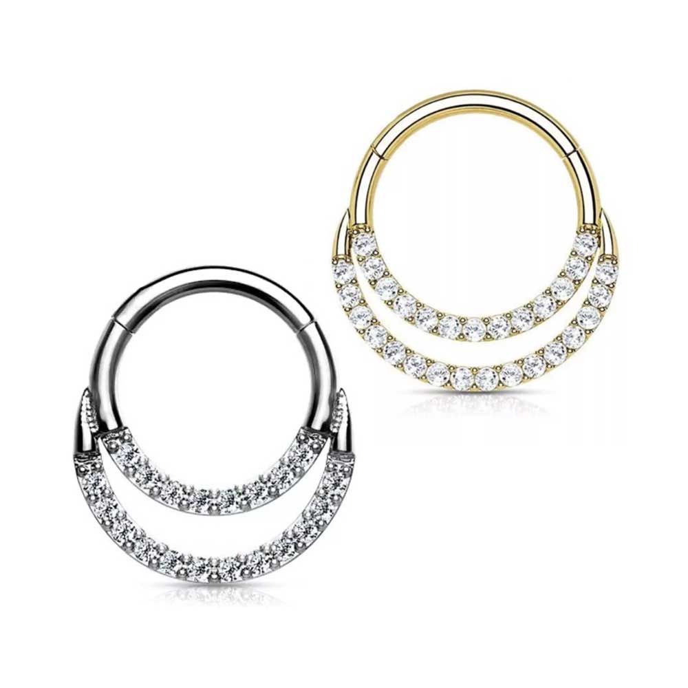 Surgical Steel 16g Double Layered Hinged Ring CZ Clicker Nose Septum Piercing