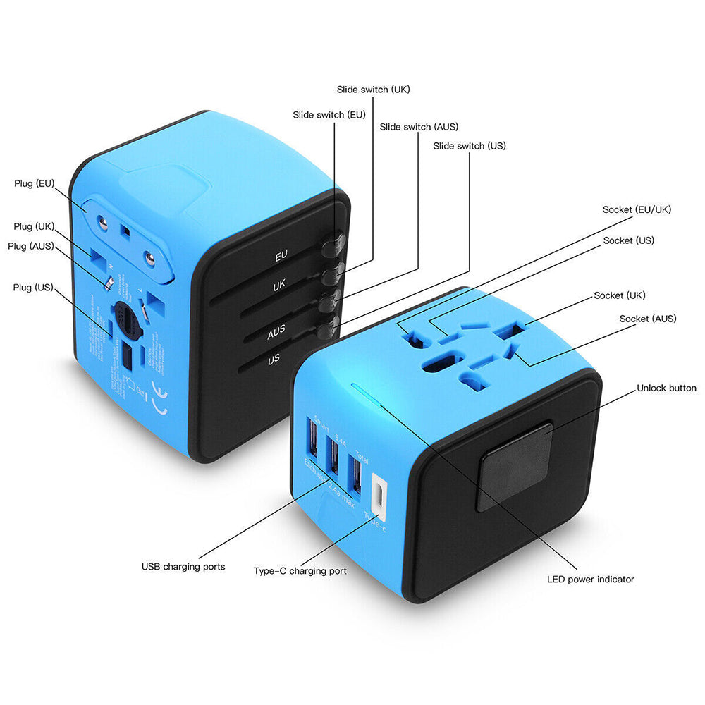 Universal World Travel Adapter 3 USB + Type-C Charger US/UK/EU/AU Plug Converter