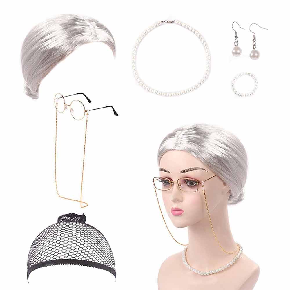 7 Pcs Grandma Old Lady Costume Set Granny Wig Adult Kids The 100Days Of School