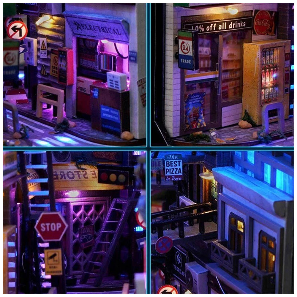 3D Wooden Book Nook DIY Kit Miniature House Model with LED Lights for Bookshelf Decor Creative Christmas Gift