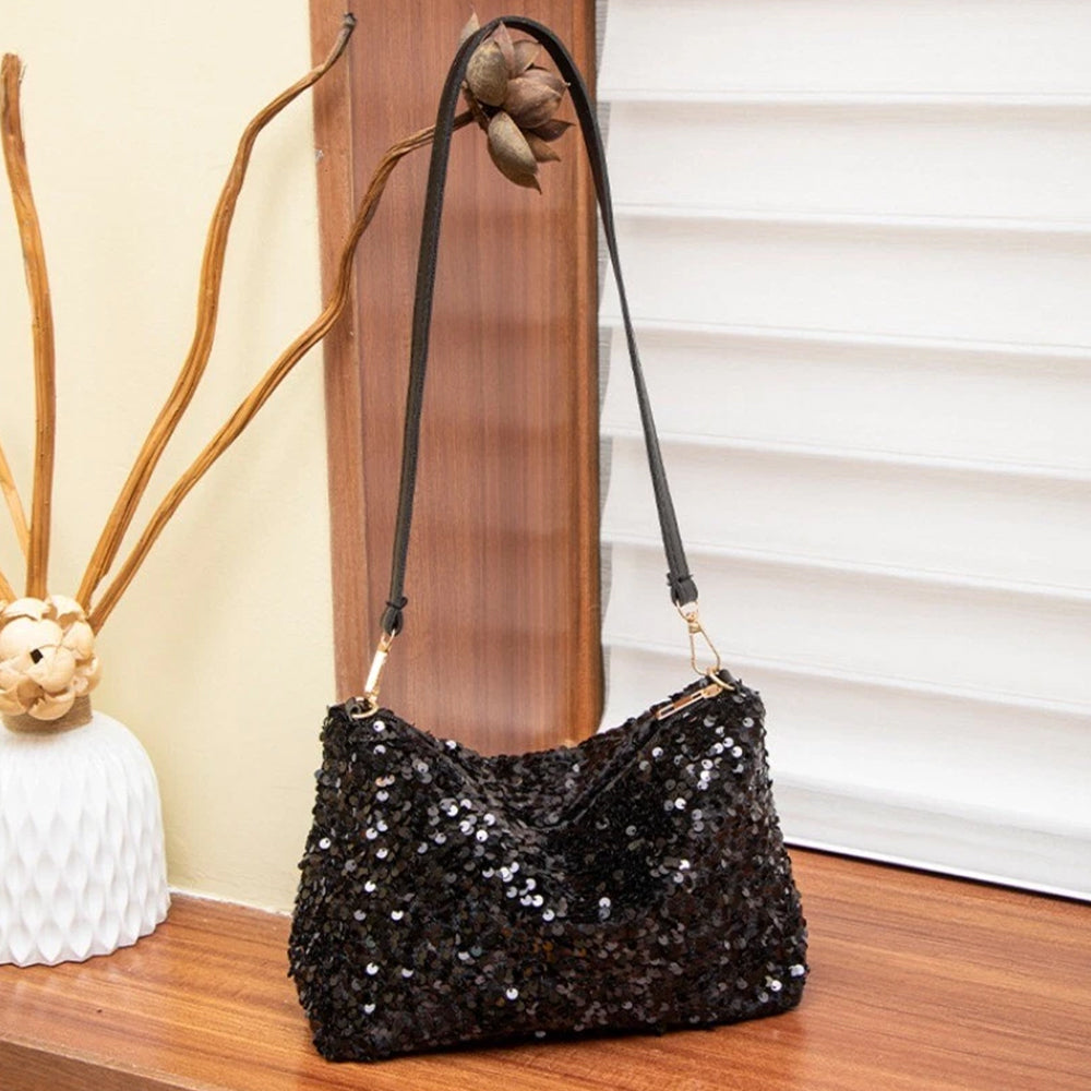 Women's Sequin Evening Bag - Sparkly Silver & Black Shoulder Bag Clutch Purse for Parties