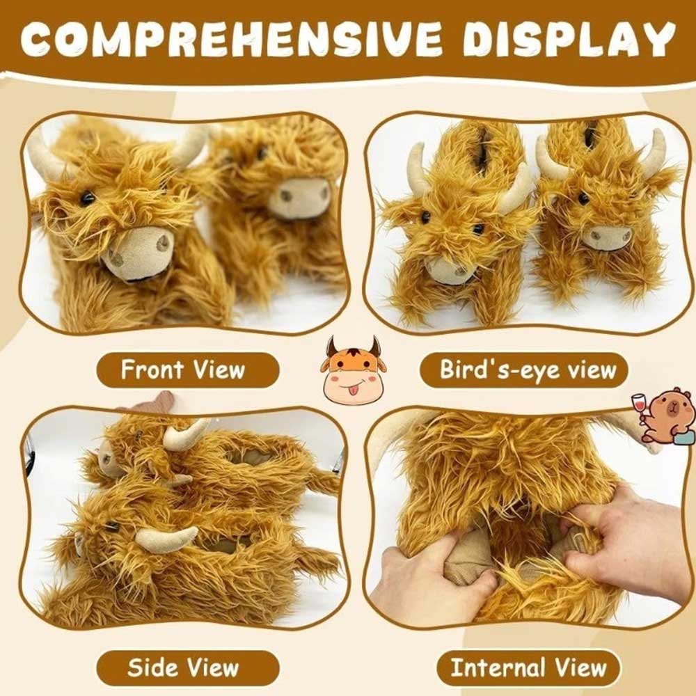 Highland Cow Slippers for Women - Novelty Fluffy Plush Warm Animal Slippers