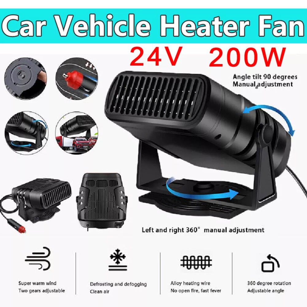 24V Car Fan Heater Portable Vehicle Heating Windscreen Defroster Demister 200W