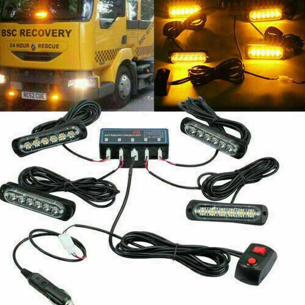 4x 6 LED Amber Strobe Light Bar - 12V Recovery Marker Beacon with 8 Flash Modes