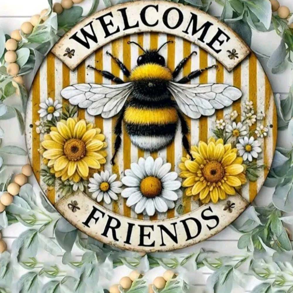 Acrylic Round Hanging Honey Bee Welcome Sign – Yellow Decorative Wall Art, 20cm