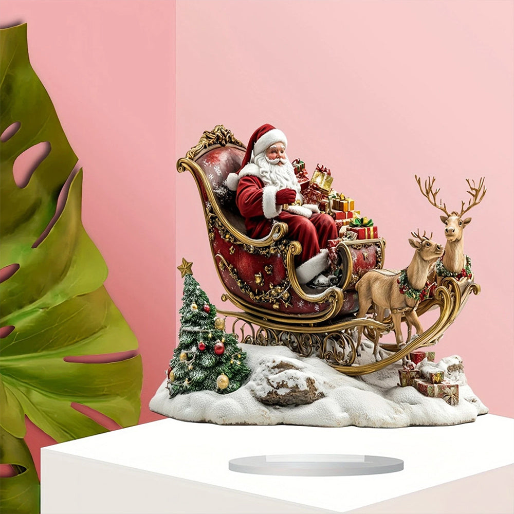 2D Santa Claus & Reindeer Sleigh Acrylic Tabletop Decor - 25x25cm Festive Stand Ornament