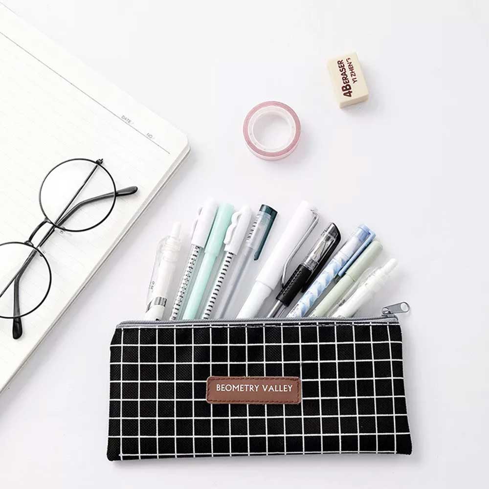 Grid Dots Canvas Pen Box Pencil Case Storage Bag Makeup Brush Pouch Stationery Gift