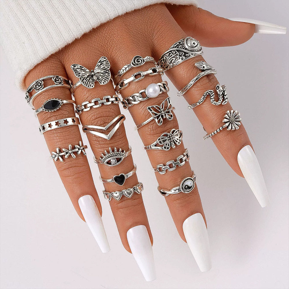 21PCS Stackable Rings – Retro Bohemian Geometric Inlaid Ring Set for Women