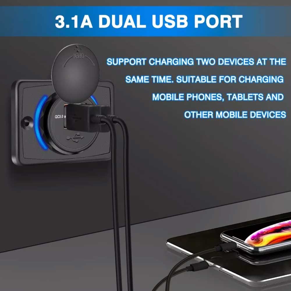 Dual QC3.0 USB Port Car Fast Charger 3.1A 12/24V Socket Outlet Panel Car Caravan RV