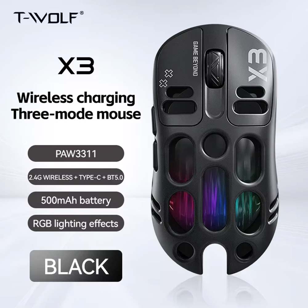 RGB Gaming Mouse TWOLF X3 - PAW3311 12000 DPI, Tri-Mode Wireless/Wired, 500mAh