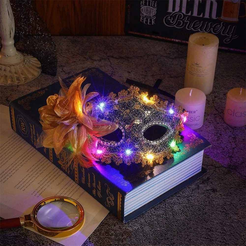 2X Random LED Masquerade Mask – Lace Venetian Light Up Mask with Side Flower for Women