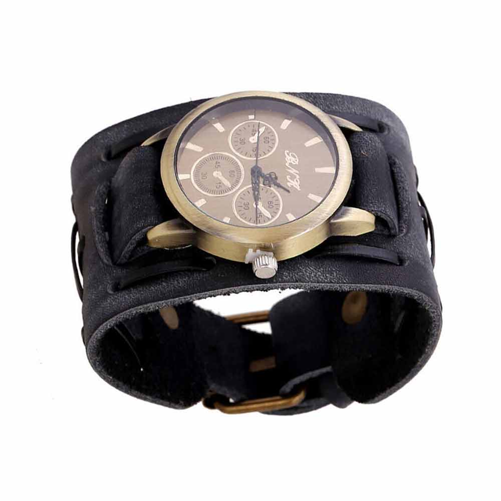Retro Punk Rock Leather Bracelet Cuff Men Wrist Watch Wide Band Quartz Watch
