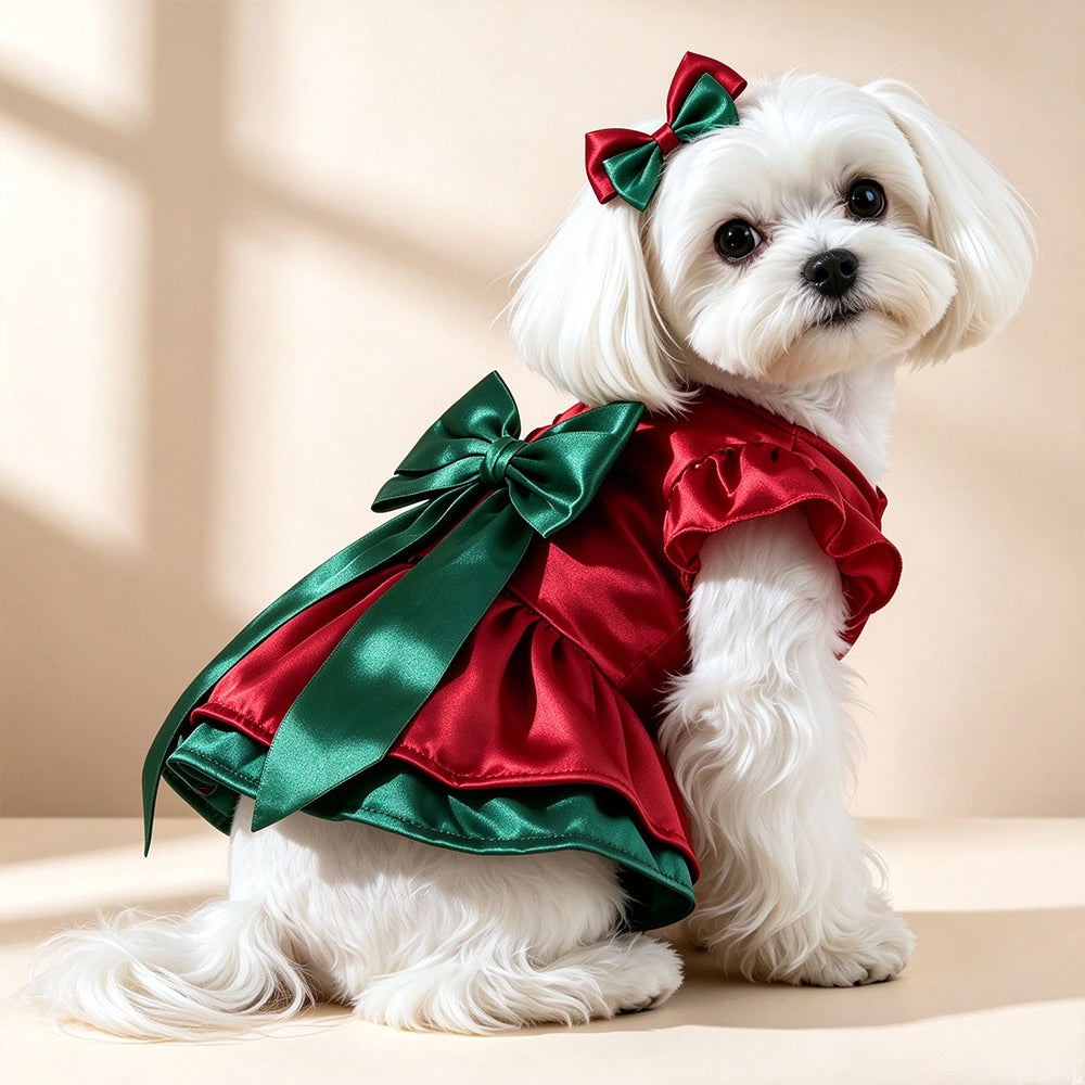 Christmas Pet Outfit – Red & Green Dog Dress with Bow & Flower Headpiece FOR 2-3kg