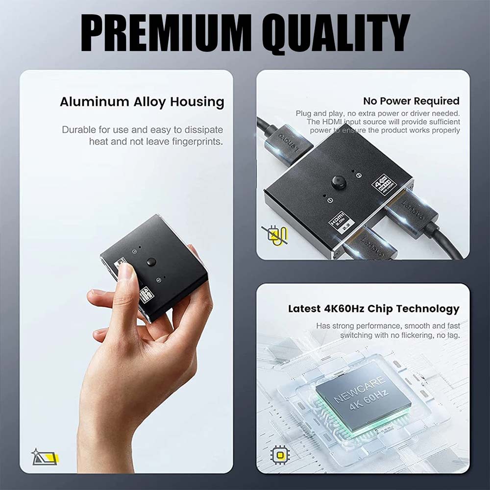 4K 60Hz HDMI 2.1 Splitter Switch - 1 in 2 Out or 2 Input 1 Output for HDTV PC