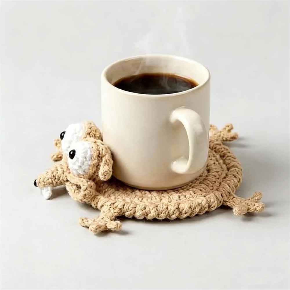 Handmade Crochet 3D Animal Coaster – Cute Knitted Mug Rug, Round Drink Cup Mat