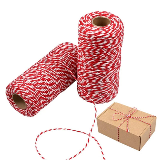 100m Red & White Twine String Natural Cotton Jute for Gift Wrapping, Christmas Crafts & DIY Decor