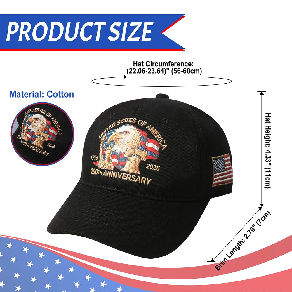 USA 250th Anniversary Baseball Cap - Patriotic 3D Print Hat 1776-2026
