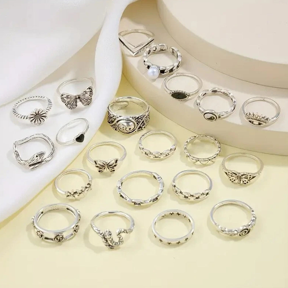21PCS Stackable Rings – Retro Bohemian Geometric Inlaid Ring Set for Women