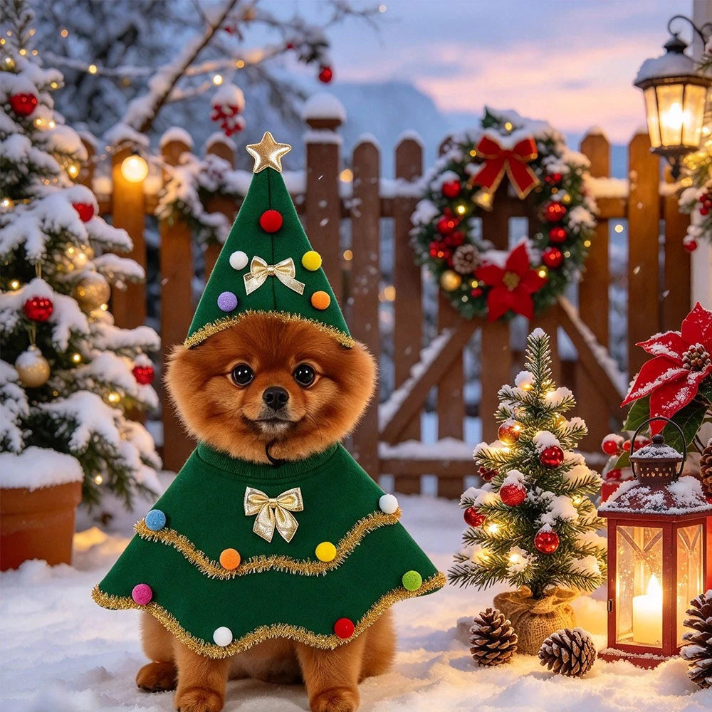 Christmas Tree Pet Cape – Festive Dog & Cat Costume with Pom-Pom Hat