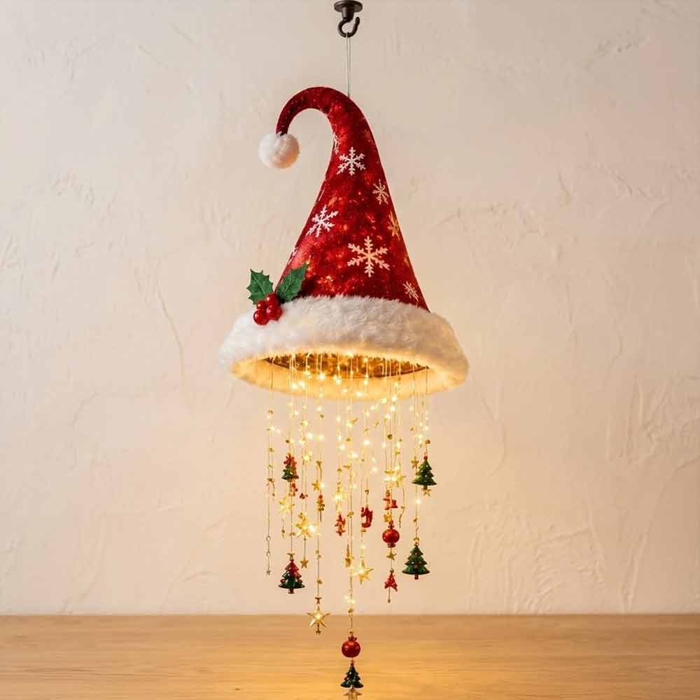 LED Santa Hat Decoration – Hanging Chandelier Light with Star Tassel for Christmas