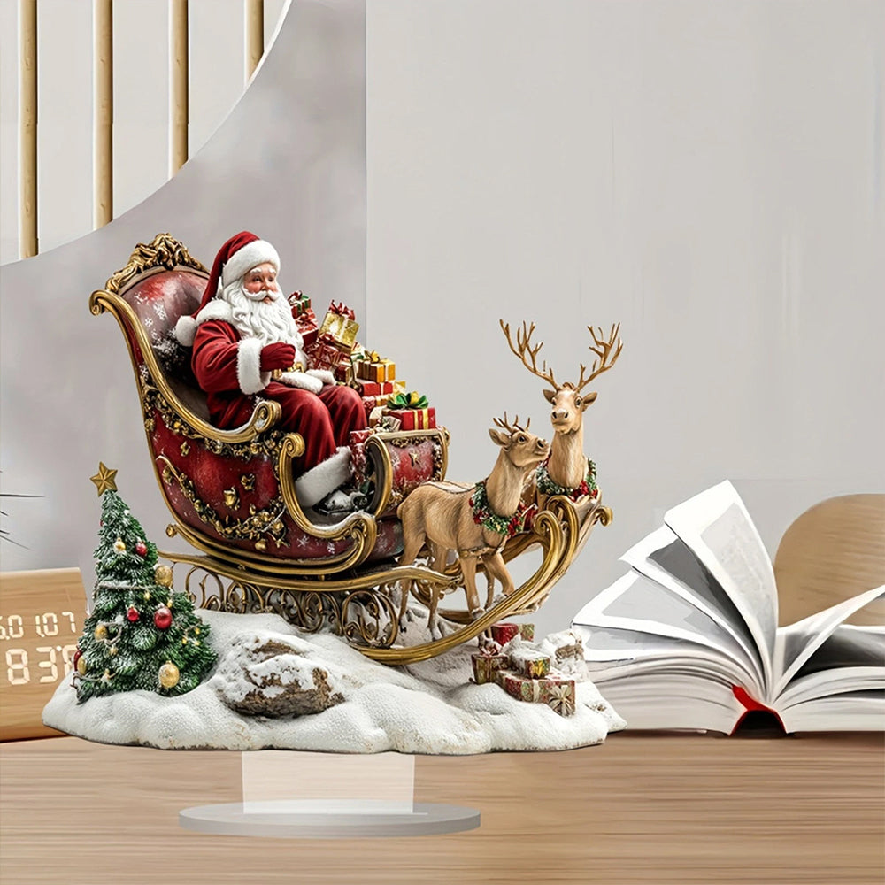 2D Santa Claus & Reindeer Sleigh Acrylic Tabletop Decor - 25x25cm Festive Stand Ornament