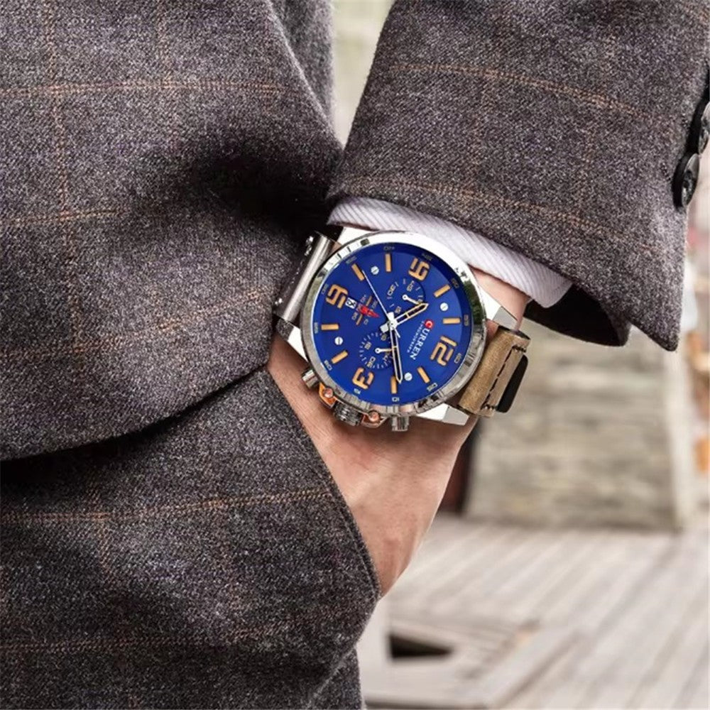 Men's Business Quartz Watch – Leather Chronograph Calendar 47mm Multifunction