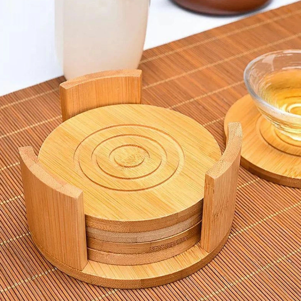 6 Natural Bamboo Drink Coasters Set - Round Tea Coffee Cup Mat Holder