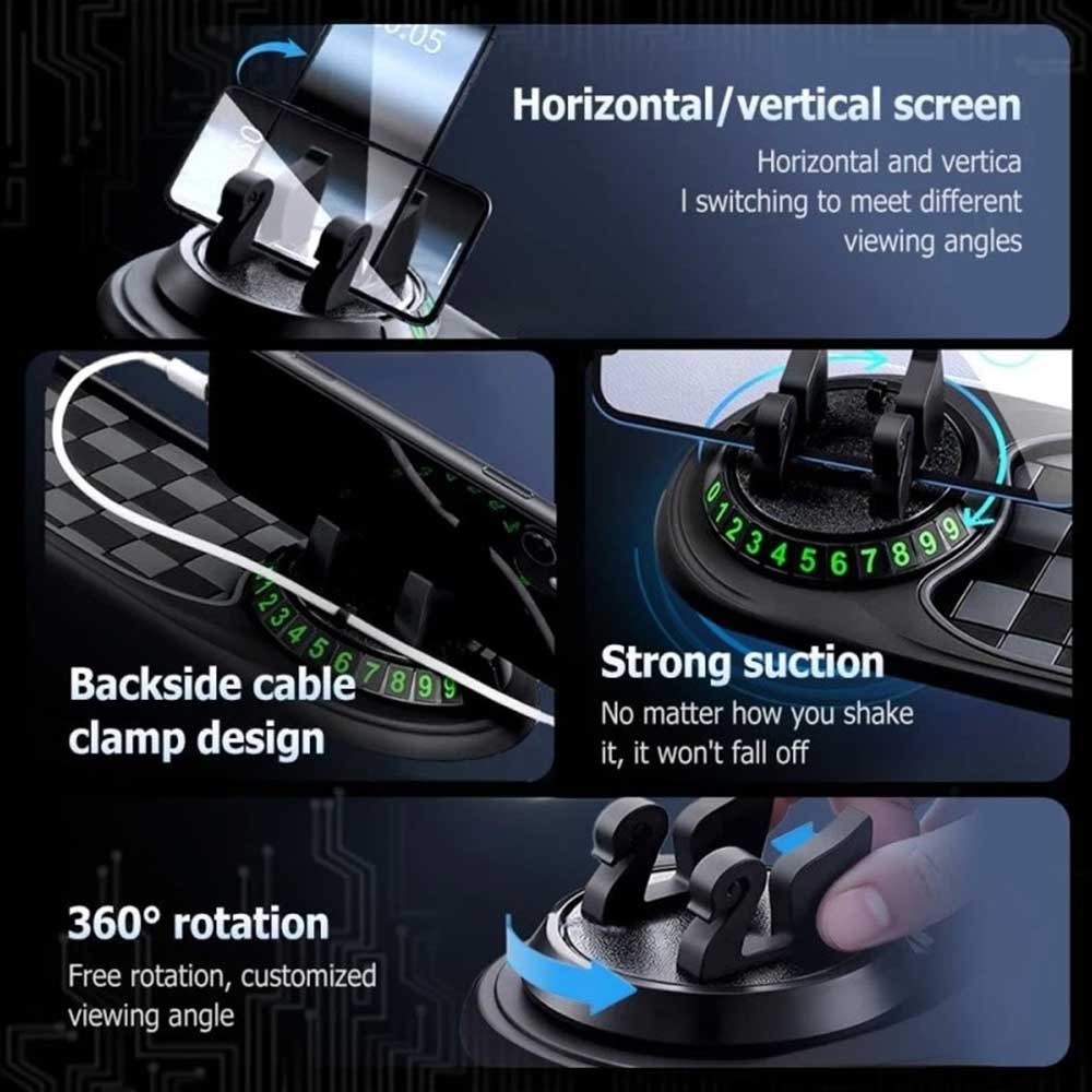 Universal Car Dashboard Anti-Slip Mat with 360° Rotatable Phone Holder & Built-in Parking Number Plate
