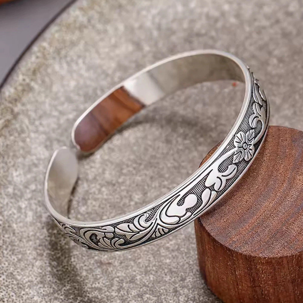 Women Men 925 Sterling Silver Jewelry Flower Charm Cuff Bangle Bracelet Gift