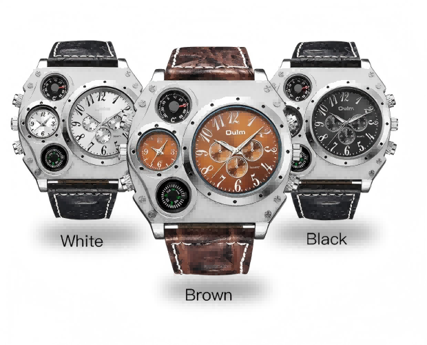 Men Army Sports Fashion Two Time Zones Big Dial Leather Strap Quartz Wrist Watch