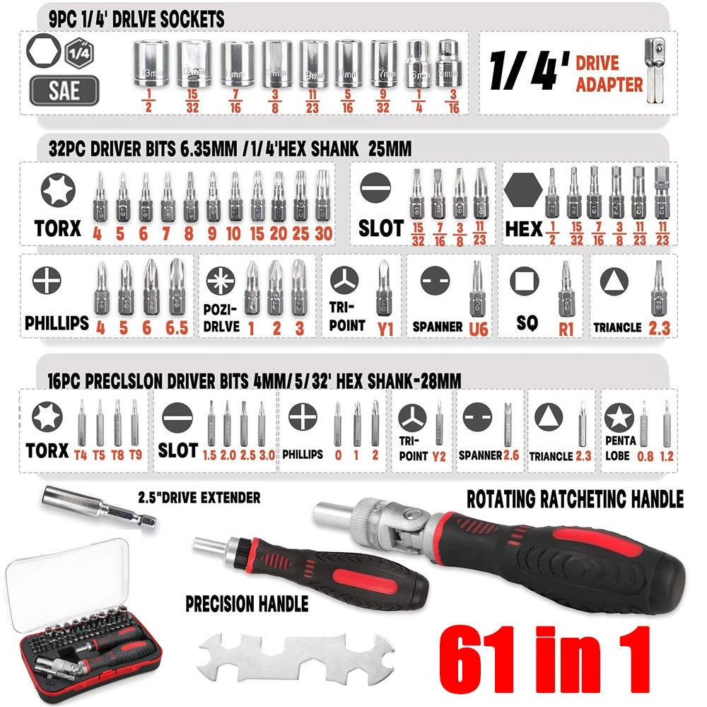 61-Piece Ratchet Screwdriver Set - 1/4" Hex Torx & Socket Kit with Right-Angle Handle
