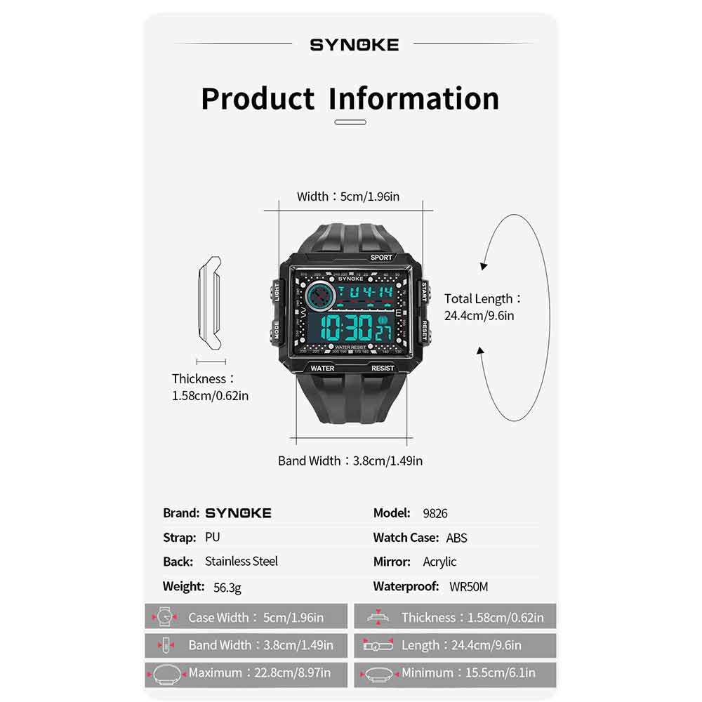 Men Sports Electric Watch Fashion Waterproof Shock Resist Large Screen Watch