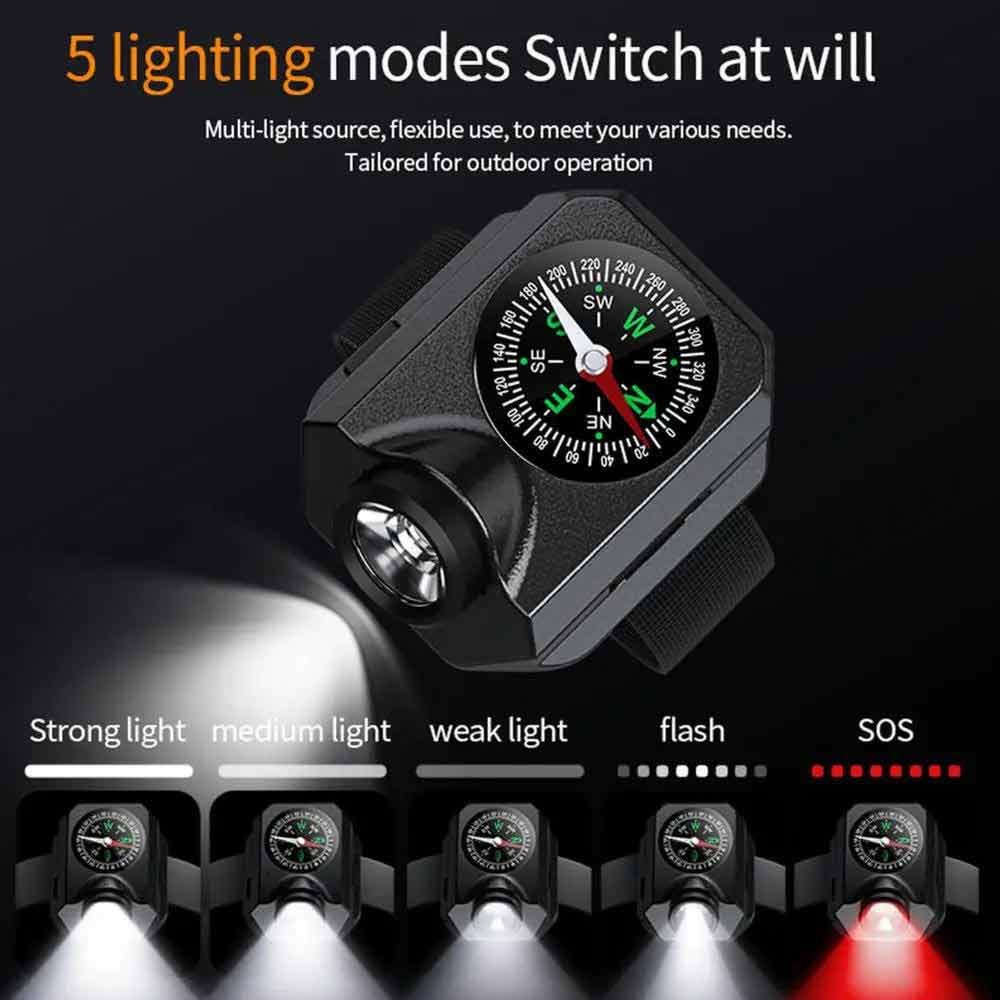 2in1 Wrist Light Mini Camping Compass Outdoor LED Running Light USB Rechargeable