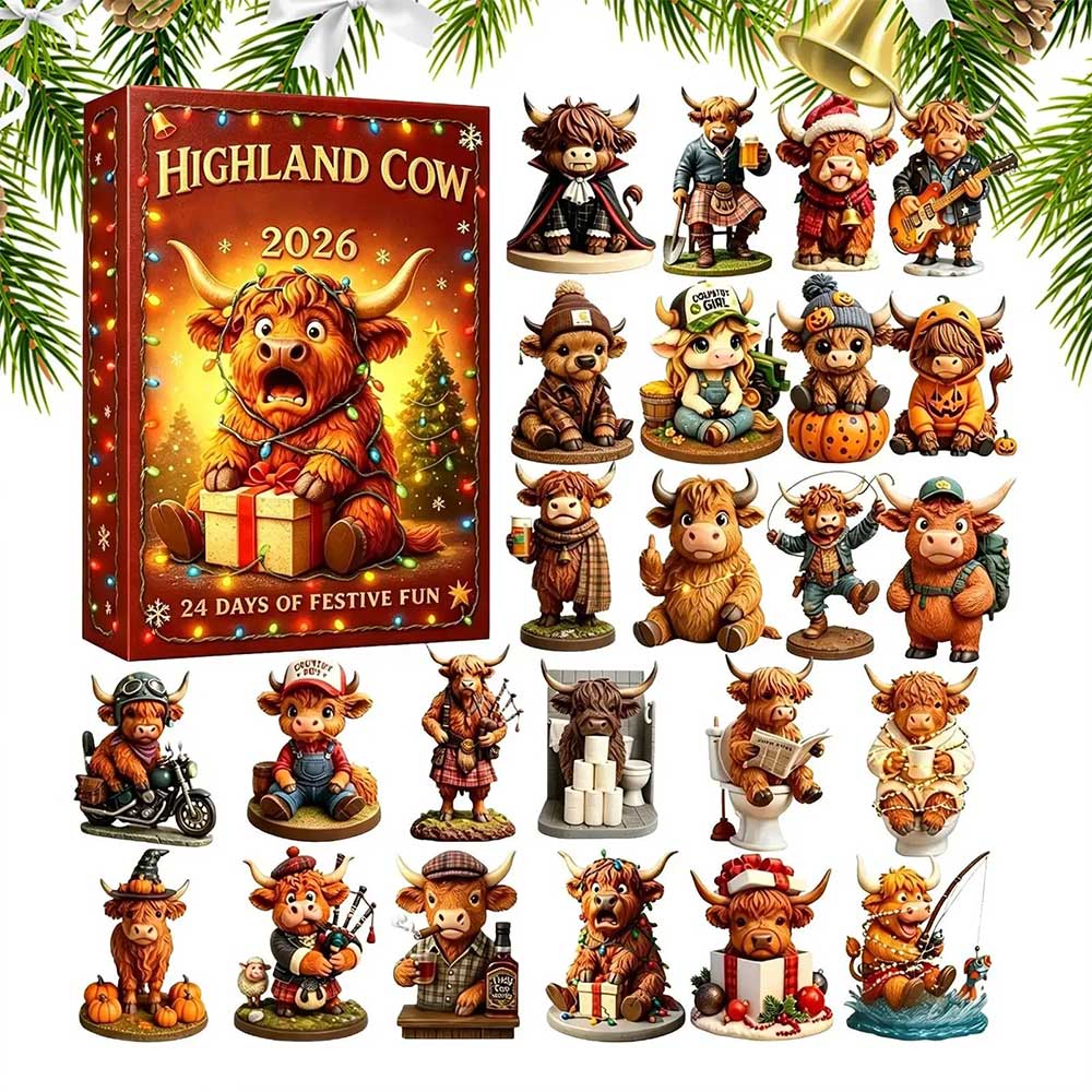 Highland Cow 24-Day Countdown Calendar – 2D Christmas Acrylic Figure Advent Gift