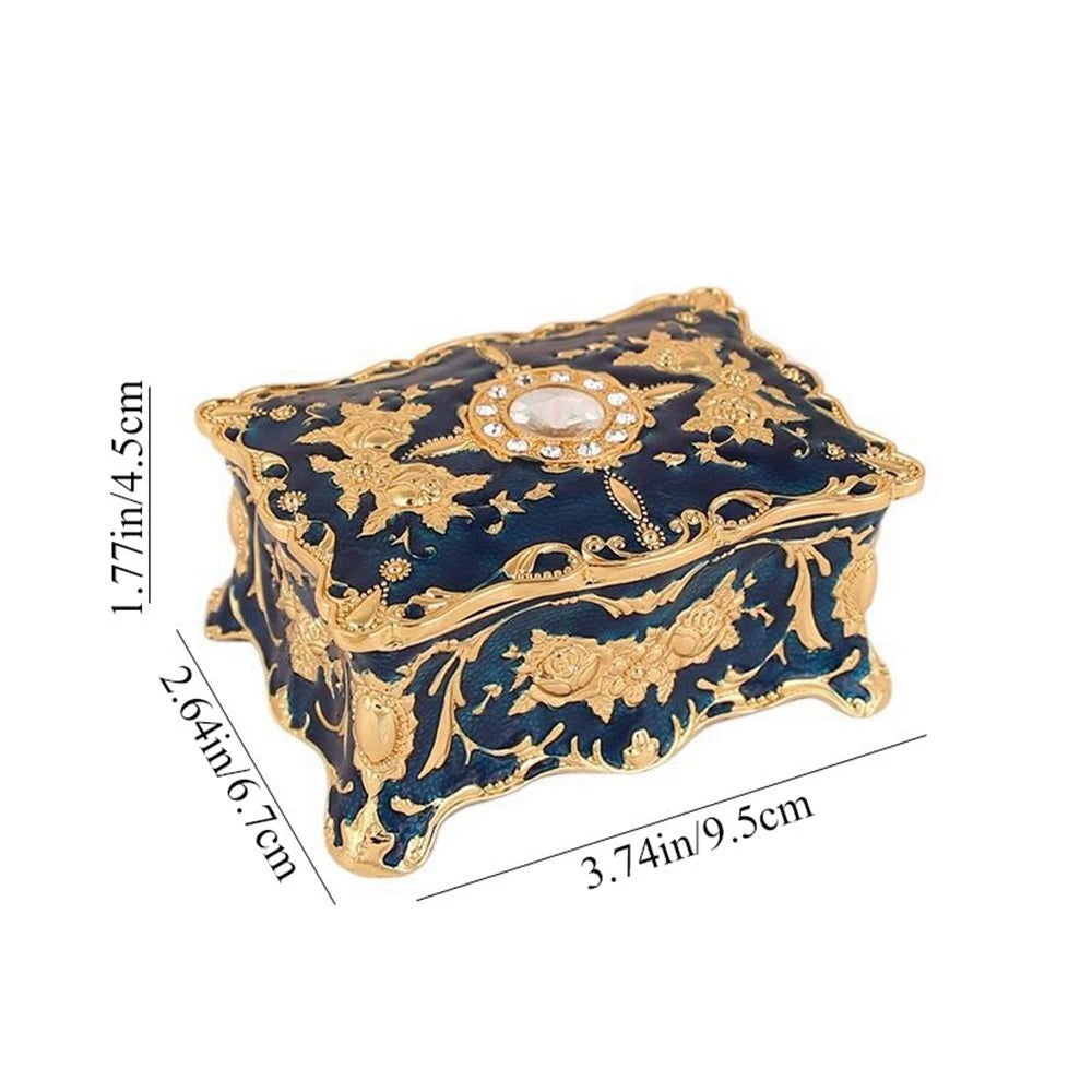 Jewellery Storage Box – Retro Alloy Organiser, Ring Necklace Case Blue
