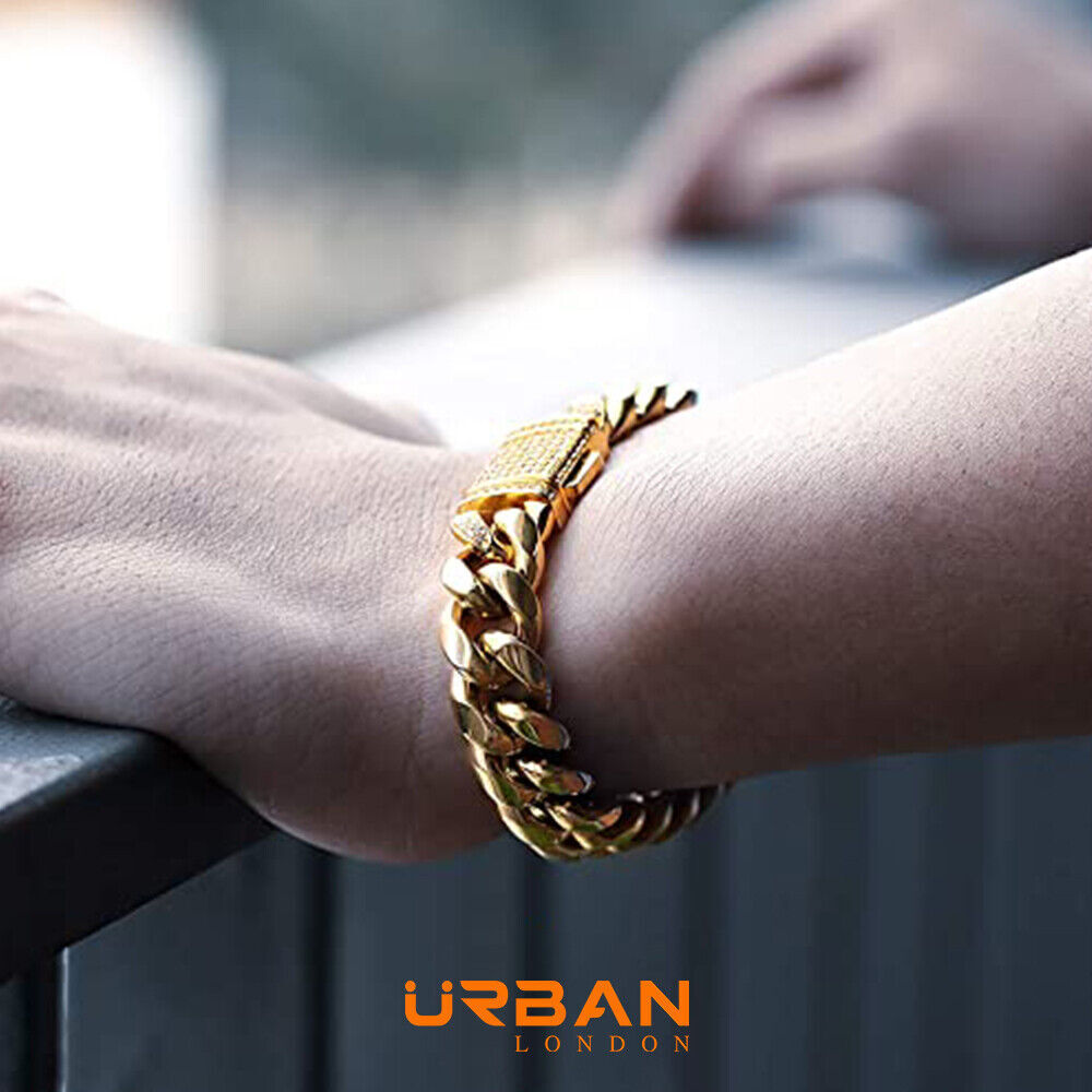 Men's Cuban Durable Urban Street-Wear Hip Hop Bracelet 12mm 18k Gold Silver Curb