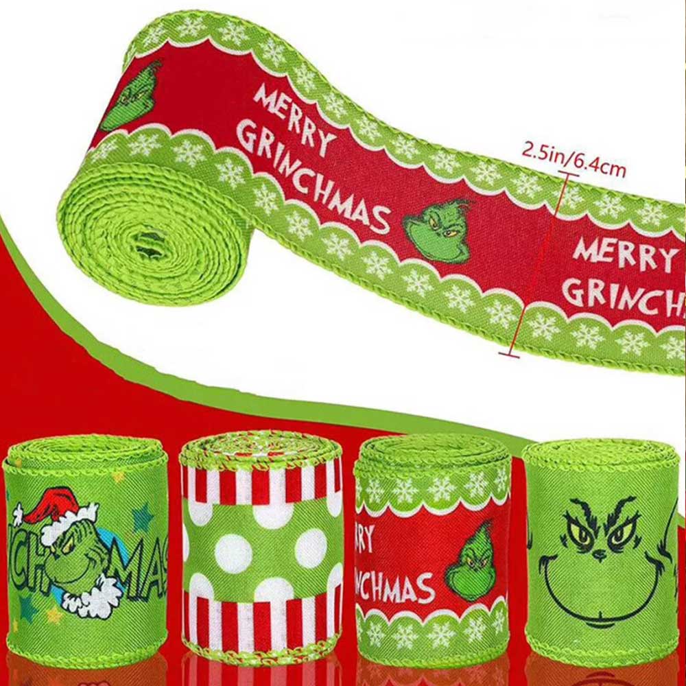 4pcs Grinchs Ribbon Wired 2.5In 4 Roll 20Yards Christmas Ribbon Wreaths Bows DIY