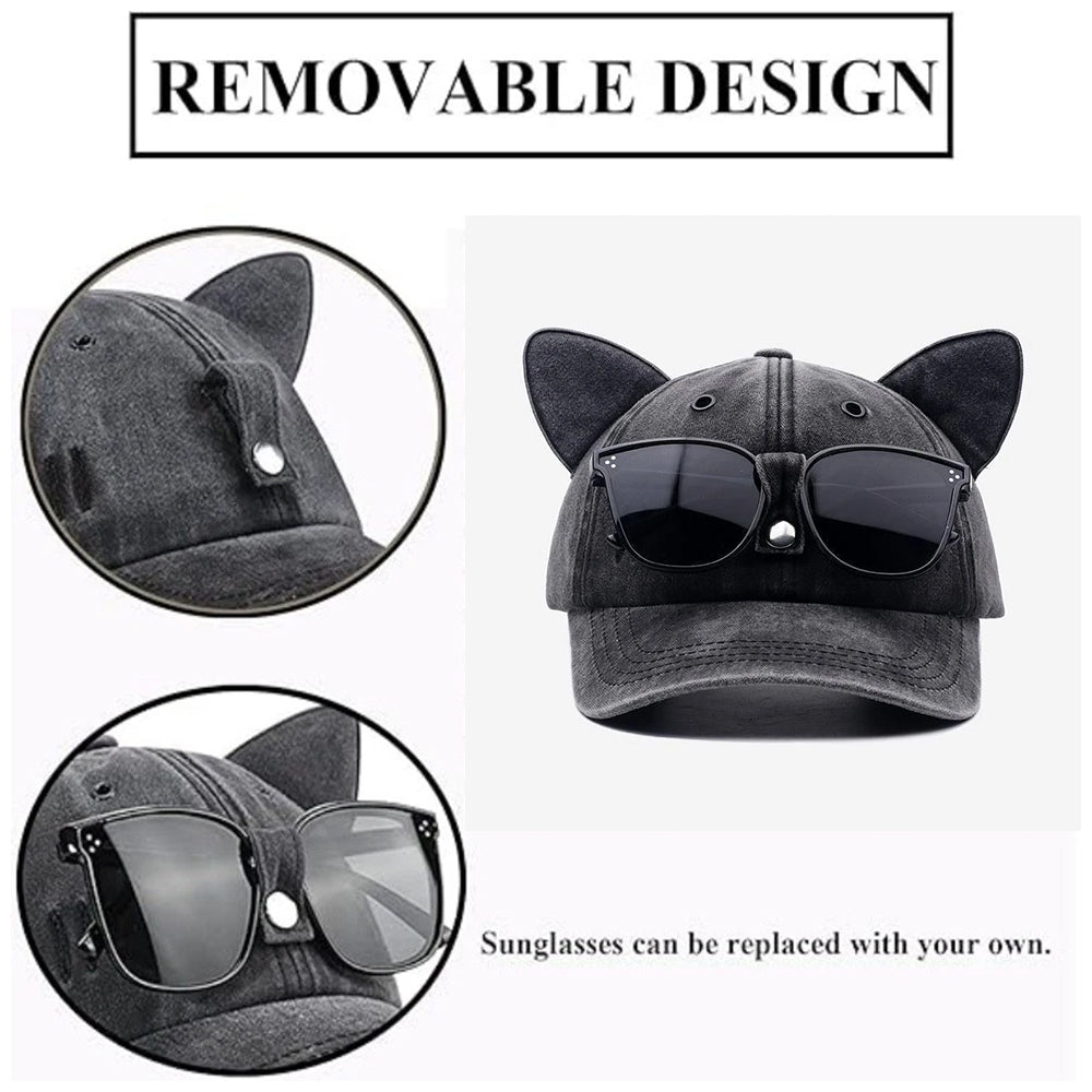 Baseball Cap with Cat Ears & Sunglasses  - Funny Vintage Washed Dad Hat for Women & Men