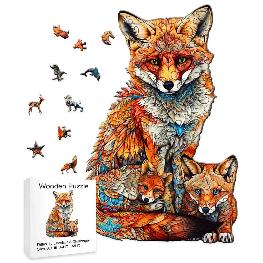 Cozy Fox Family Wooden Jigsaw Puzzle – Creative Animal-Shaped Puzzle Gift for All Ages
