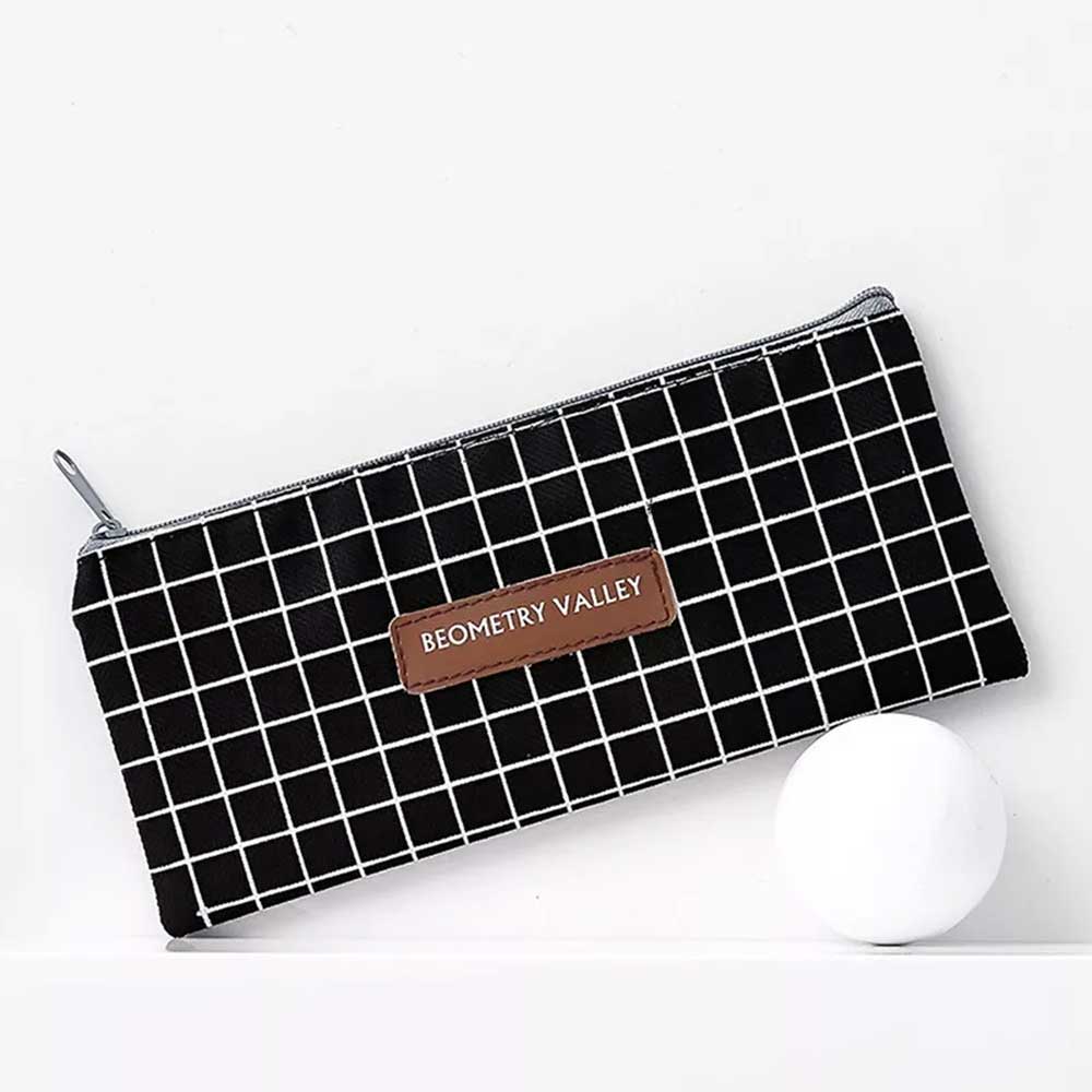 Grid Dots Canvas Pen Box Pencil Case Storage Bag Makeup Brush Pouch Stationery Gift