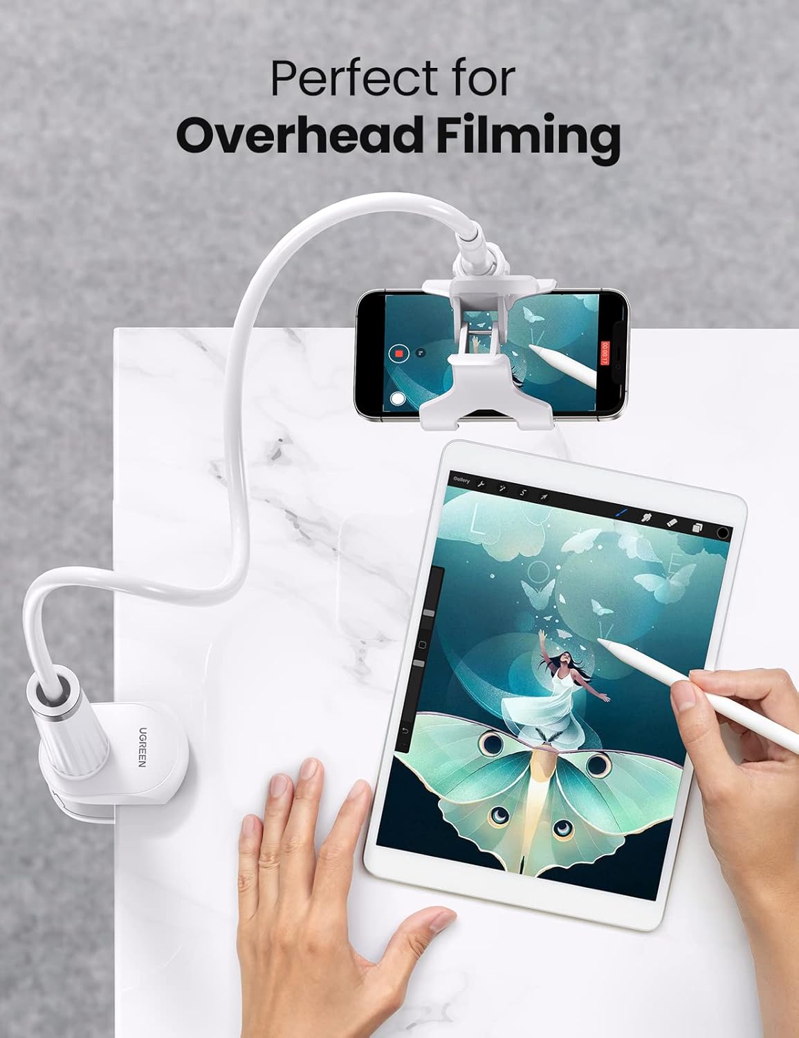 UGREEN Phone Holder for Bed Flexible Clamp Overhead Long Arm Clip 4-7.2'' Phones