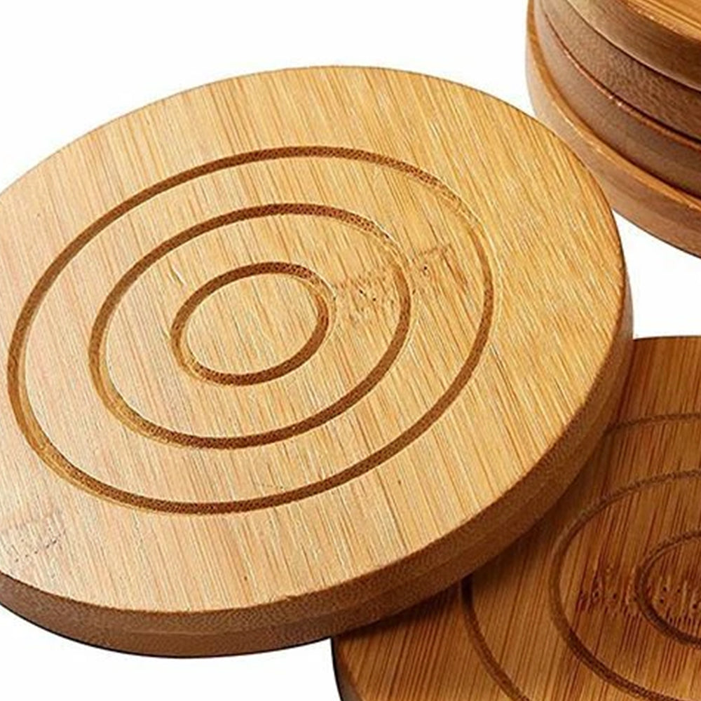 6 Natural Bamboo Drink Coasters Set - Round Tea Coffee Cup Mat Holder