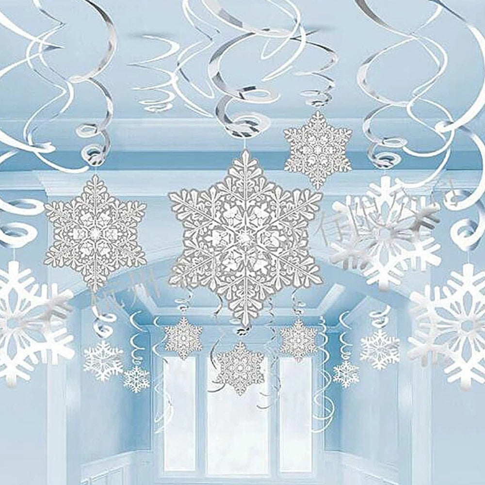 35pcs Snowflake Swirls Christmas Ceiling Decor Set – Foil Hanging Decorations for Winter & Frozen Theme Parties
