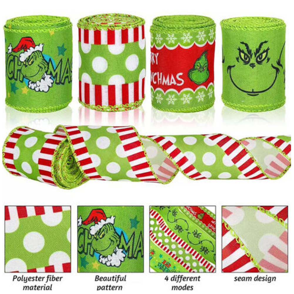 4X 6Yard/Roll Christmas Grinch Green Craft Ribbon Decoration Wrapping Ribbon