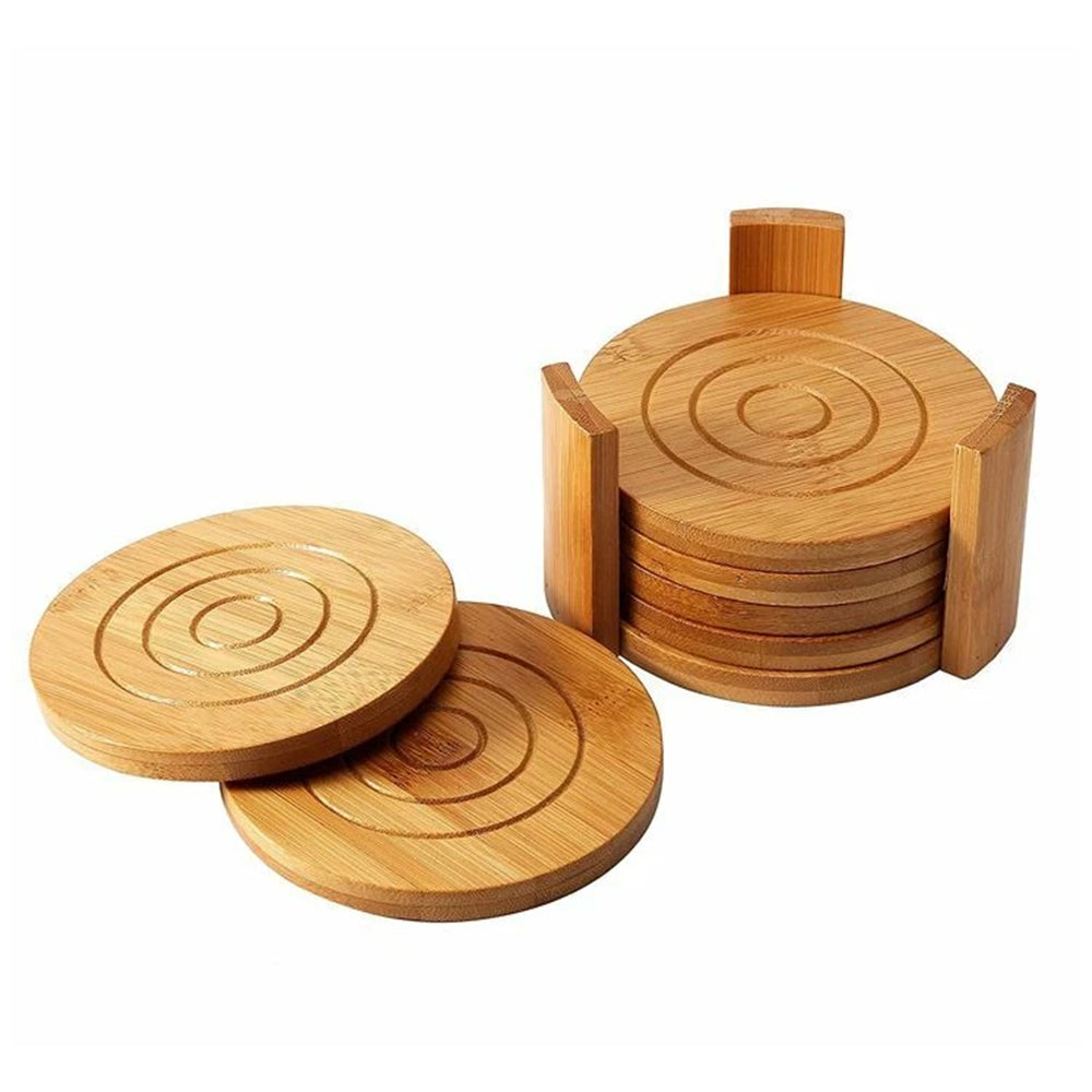 6 Natural Bamboo Drink Coasters Set - Round Tea Coffee Cup Mat Holder