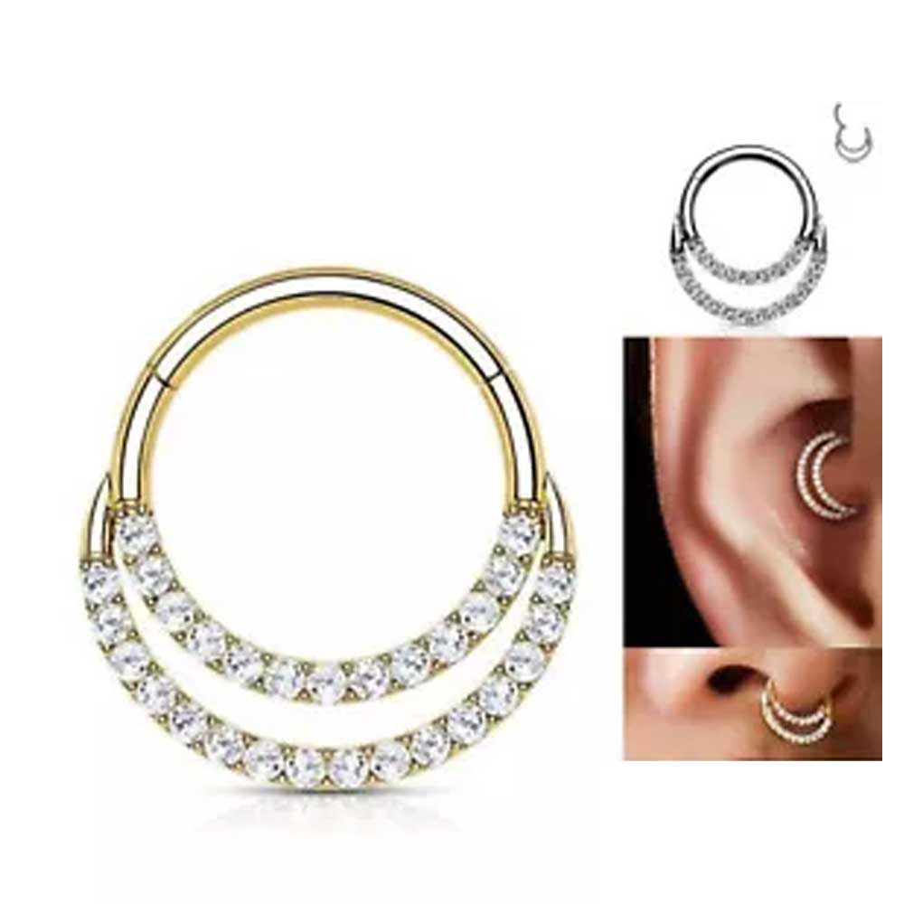 Surgical Steel 16g Double Layered Hinged Ring CZ Clicker Nose Septum Piercing