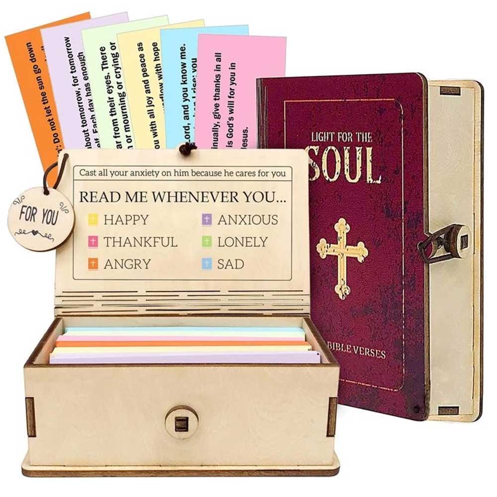 Handcrafted Wooden Scripture Box with 150 Daily Bible Verse Cards - Themed Color-Coded Encouragement Set
