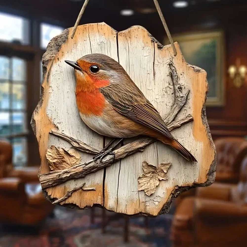2D Wooden Robin Wall Plaque - 20x19cm Rustic Christmas Decor & Gift