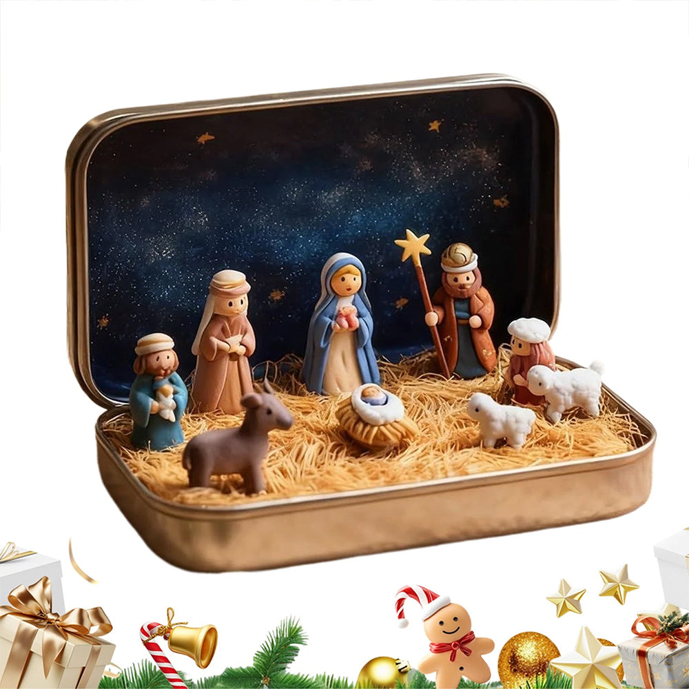 Mini Christmas Nativity Set in Tin Box – Portable 3D Pocket Nativity Scene with Resin Figurines
